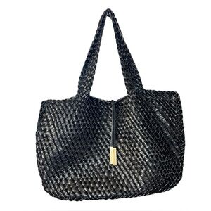 Calvin Klein Reversible Matte and Shiny Black Woven Large Tote Bag EUC